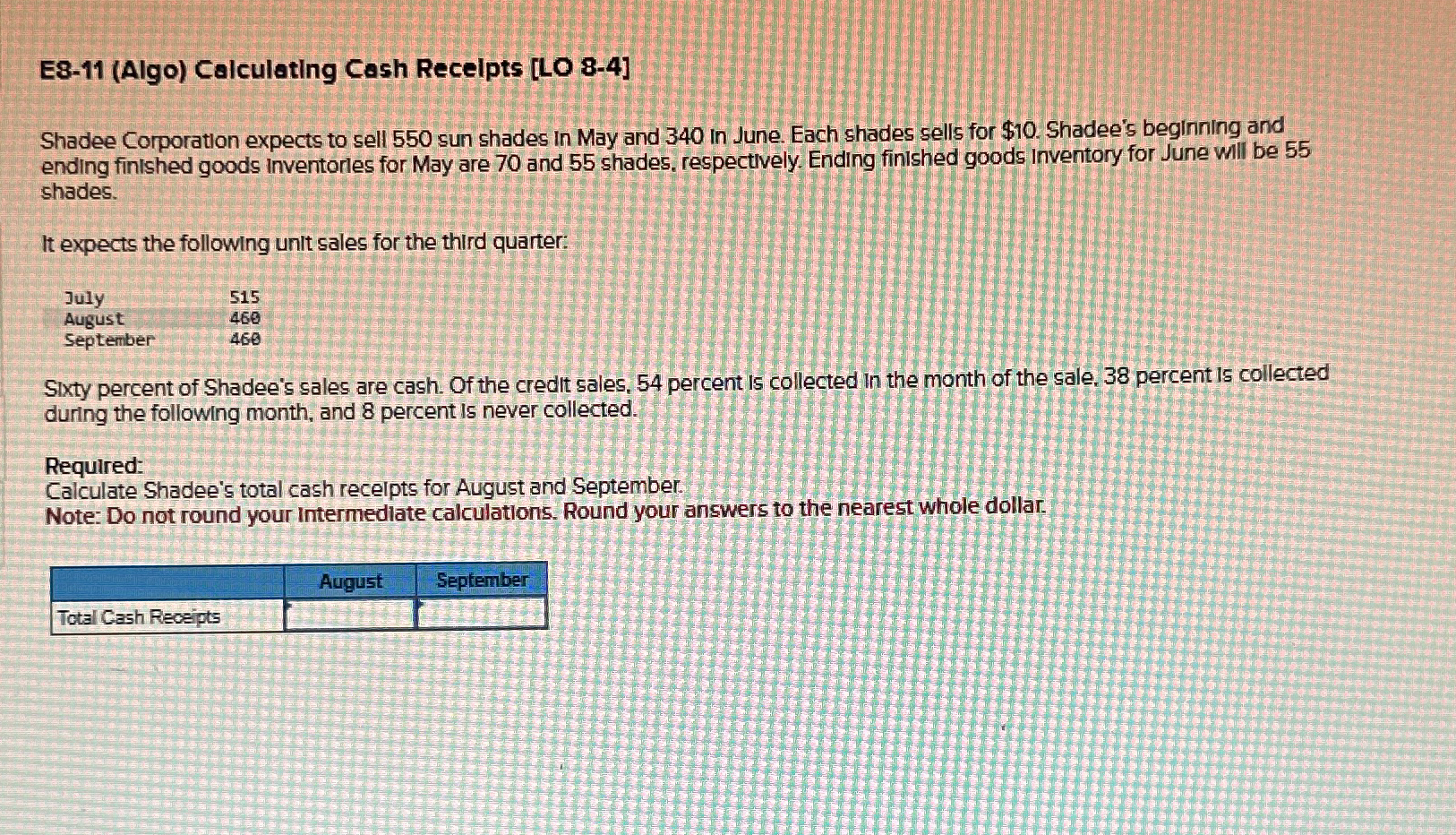  E8-11(Algo) Calculating Cash Recelpts [LO 8-4] Shadee Corporation expects to sell