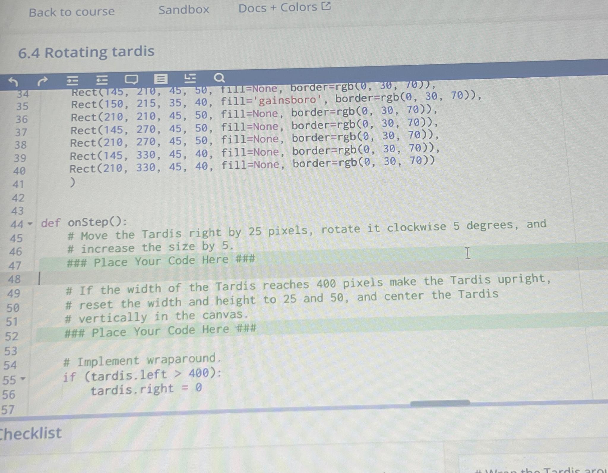  Back to course Sandbox Docs + Colors [ 6.4 Rotating tardis