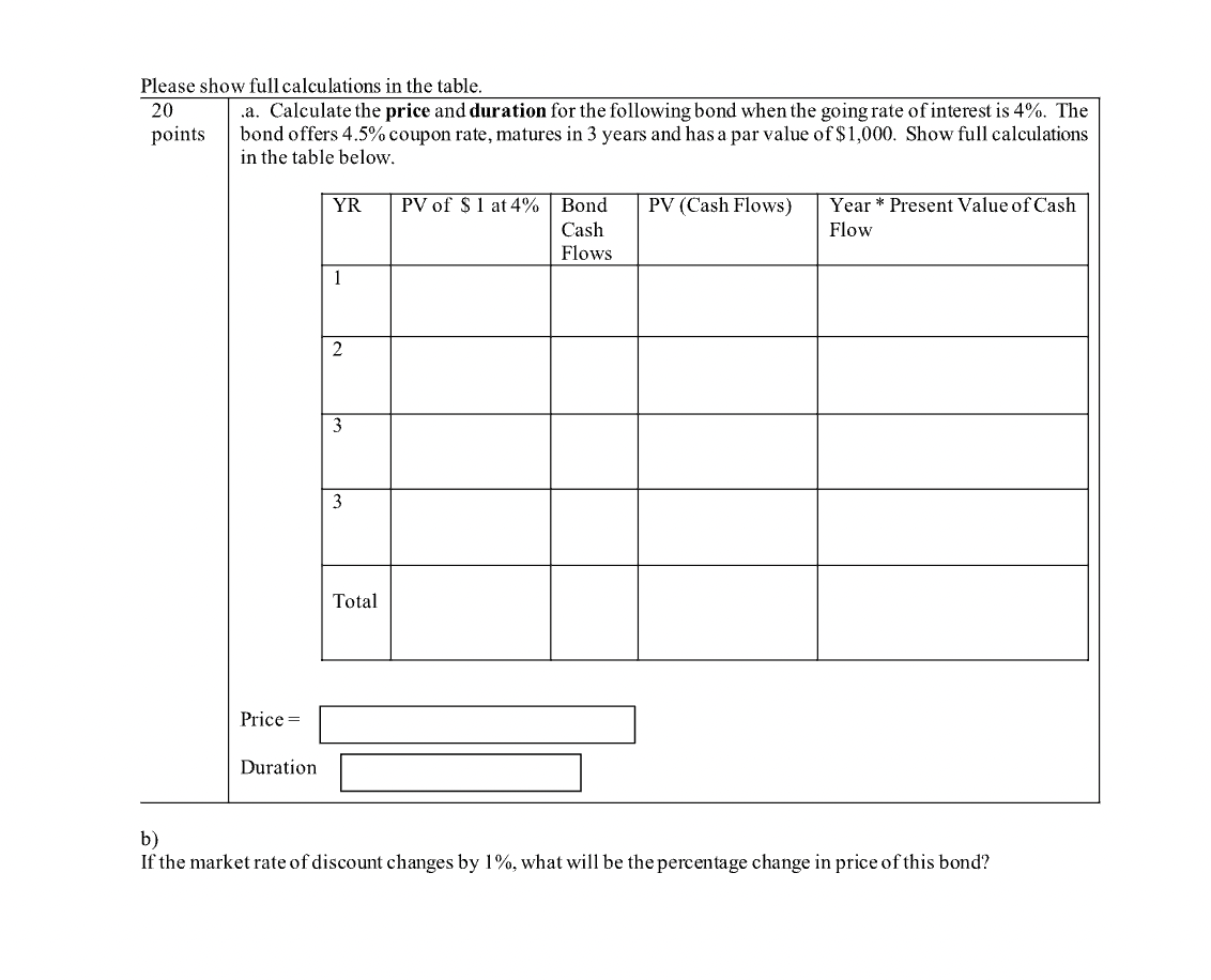 Please show full calculations in lhe table. .a. Calculate the price and