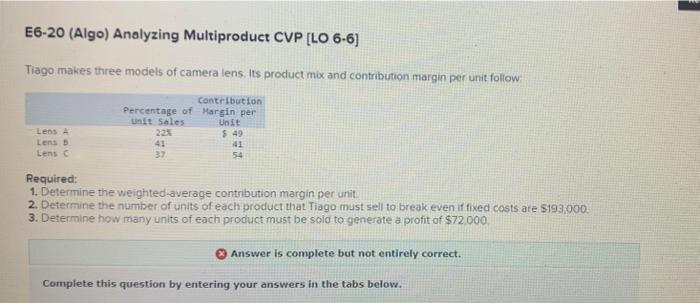  E6-20 (Algo) Analyzing Multiproduct CVP [LO 6.6] Tiago makes three models