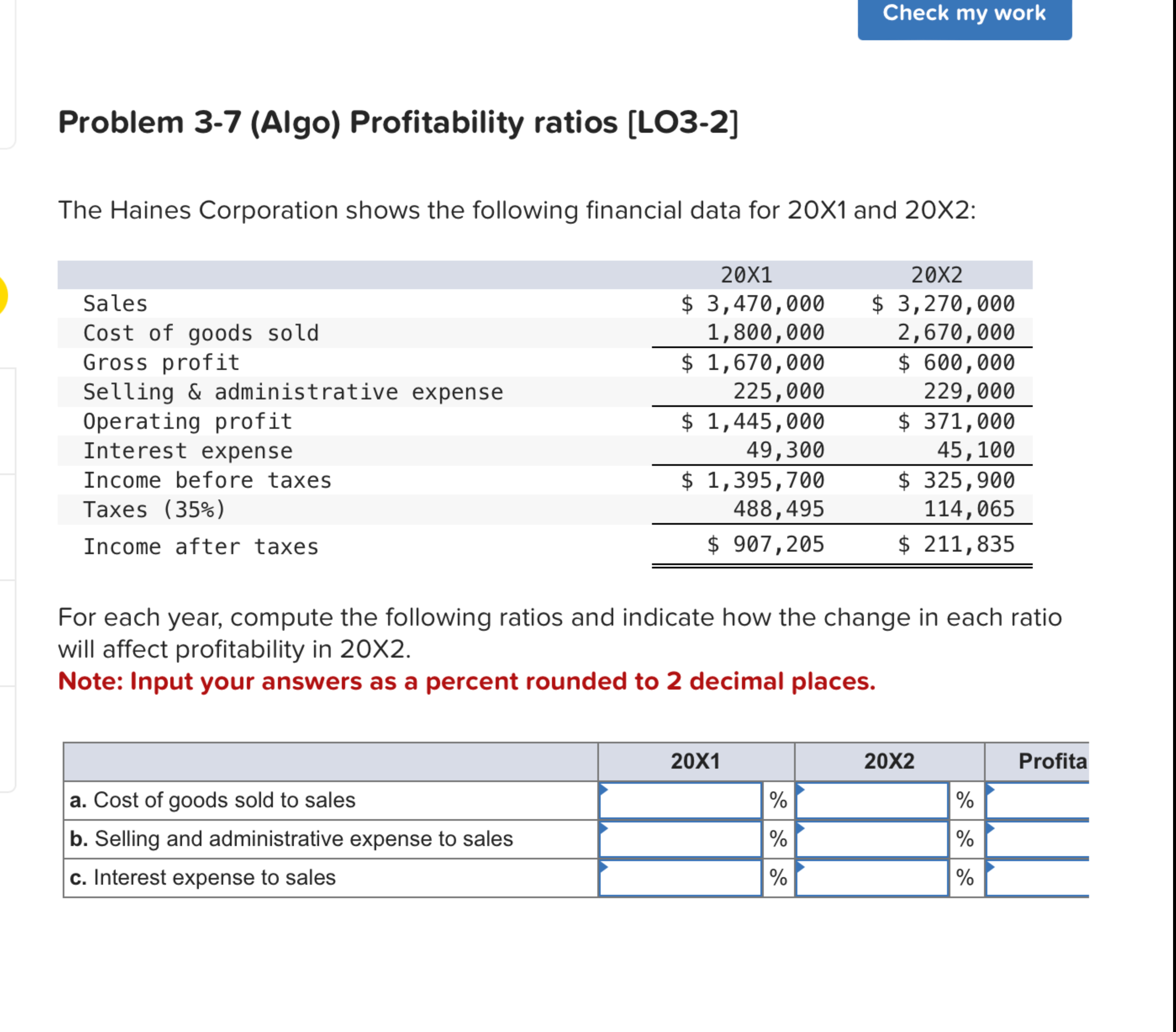  Problem 3-7(Algo) Profitability ratios [LO3-2] The Haines Corporation shows the following