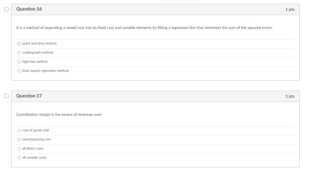 fixed cost and total fixed cost Question 11 An increase in the