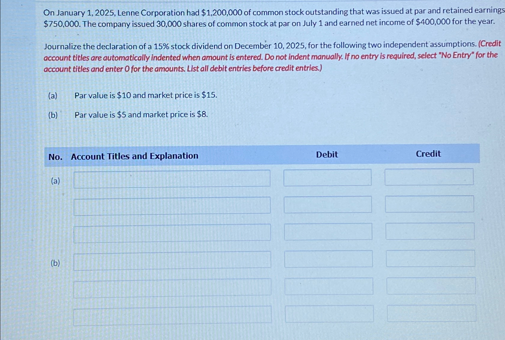  On January 1,2025, Lenne Corporation had $1,200,000 of common stock outstanding