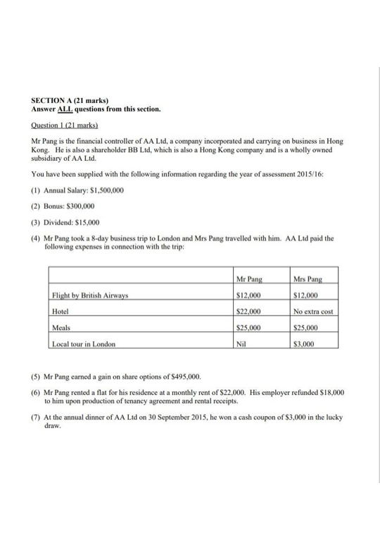 Hong Kong Tax Framework SECTION A (21 marks) Answer ALL questions from