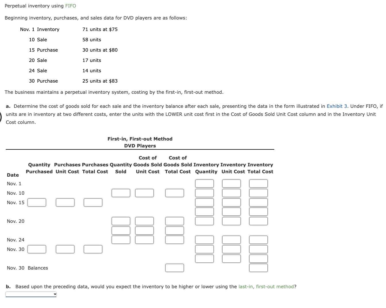  Perpetual inventory using FIFO Beginning inventory, purchases, and sales data for