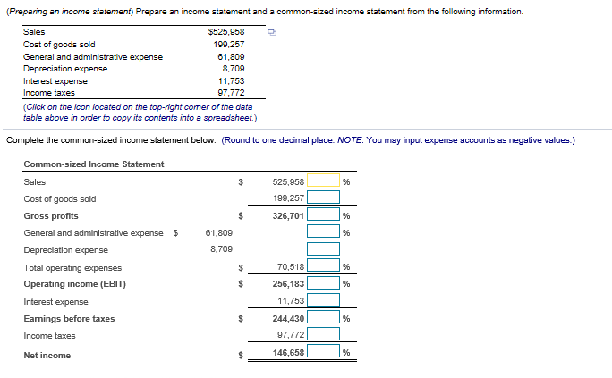 (Preparing an income statement) Prepare an income statement and a common-sized