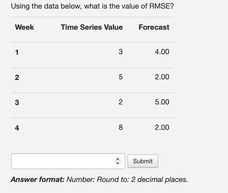  Using the data below, what is the value of RMSE? Week