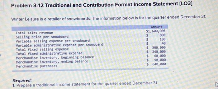  Problem 3-12 Traditional and Contribution Format Income Statement [LO3] Winter Leisure