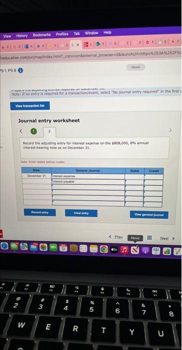  Journal entry worksheet Record the adjusting entry for interest expense on