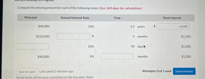 Compute the missing amount for each Of the fallowing notes: (Use 360