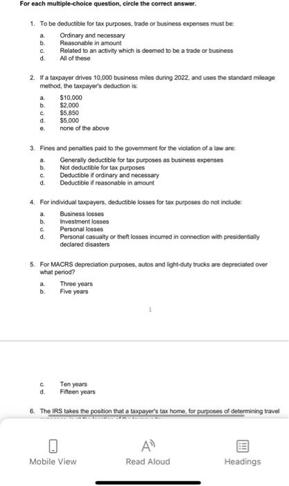  For each multiple-choice question, circle the correct answer. 1. To be