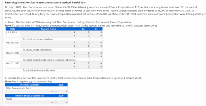  Recording Entries for Equity Investment: Equity Method, Partial Year On July
