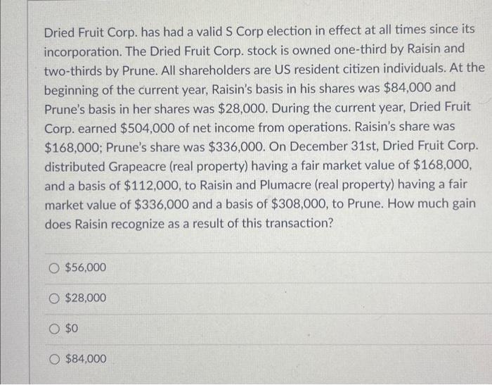 Q.9 Dried Fruit Corp. has had a valid S Corp election in