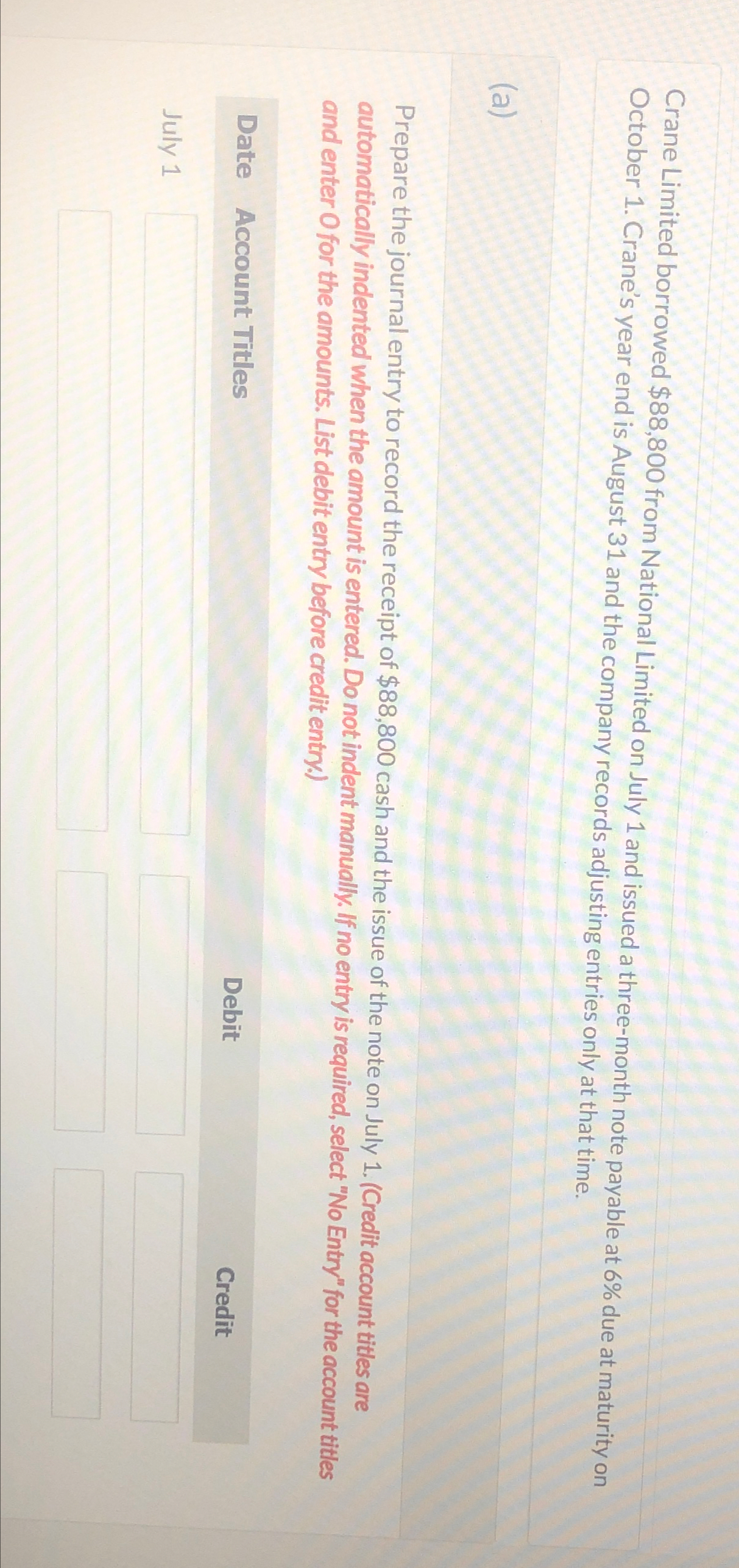  Crane Limited borrowed $88,800 from National Limited on July 1 and