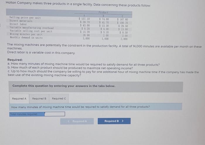  Holton Company makes three products in a single facility. Data concerning