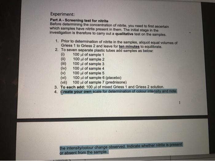  Experiment: Part A - Screening test for nitrite Before determining the