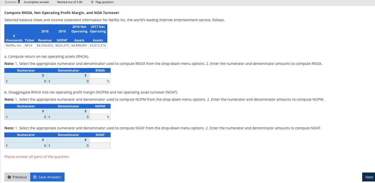  Compute RNOA, Net Operating Profit Margin, and NOA Turnover Selected balance