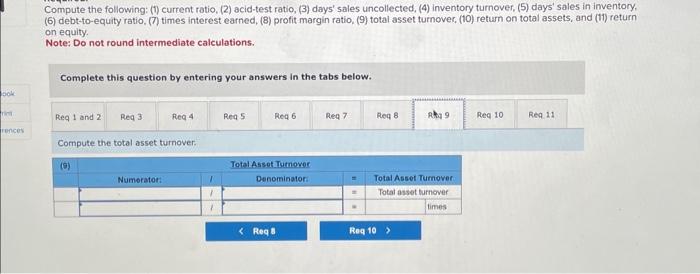 the following: (1) current ratio, (2) acid-test ratio, (3) days' sales uncollected,