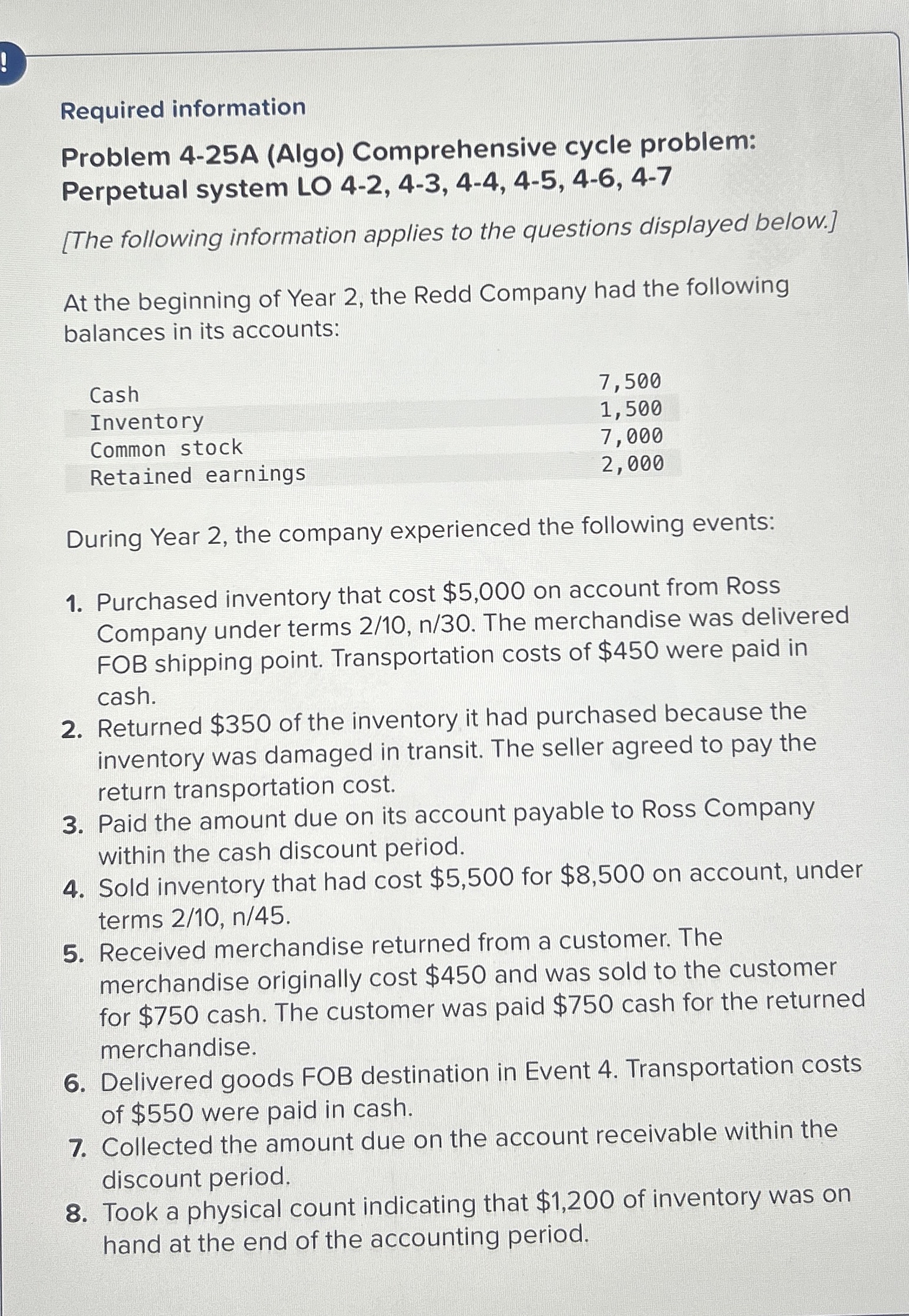  Required information Problem 4-25A (Algo) Comprehensive cycle problem: Perpetual system LO