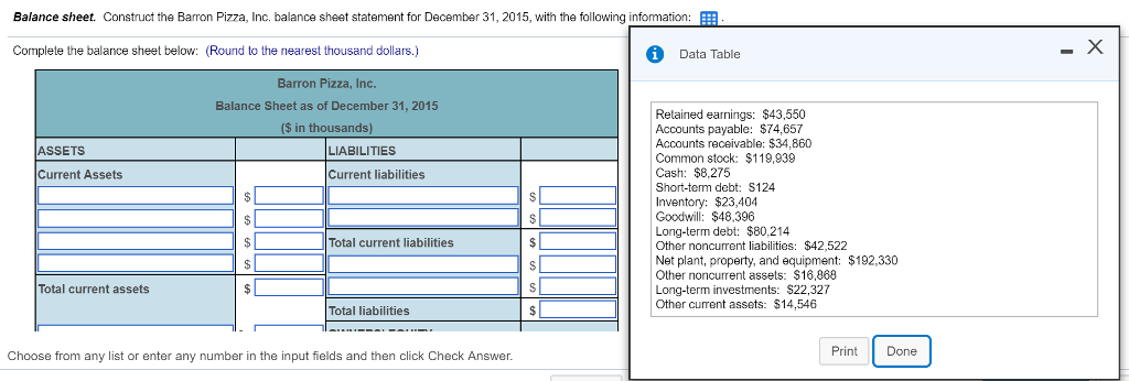  Balance sheet. Construct the Barron Pizza, Inc. balance sheet statement for