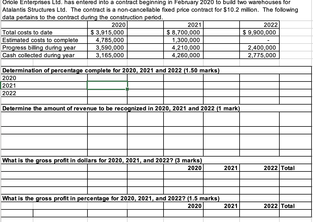  Question 1 Oriole Enterprises Ltd. has entered into a contract beginning
