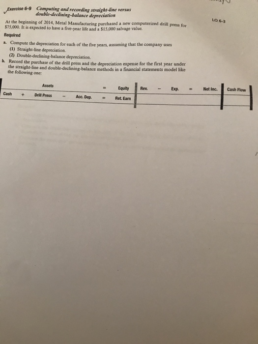  Computing and recording straight-line versus double-declining-balance depreciation Exercise 6-9 LO 6-3