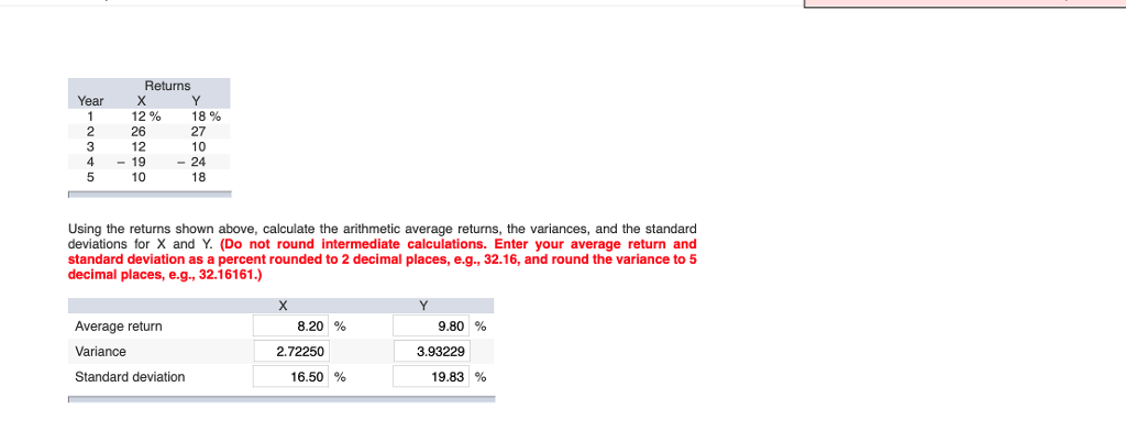  FInd the variance for both X and Y Returns ear 2