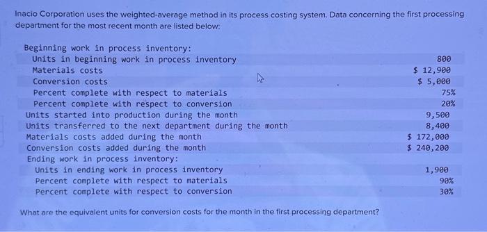  need help with equivalent units Inacio Corporation uses the weighted-average method