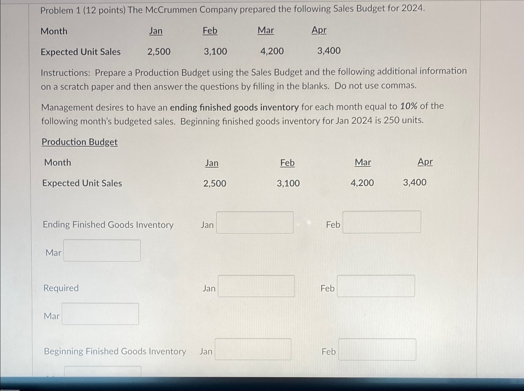  Problem 1(12 points) The McCrummen Company prepared the following Sales Budget
