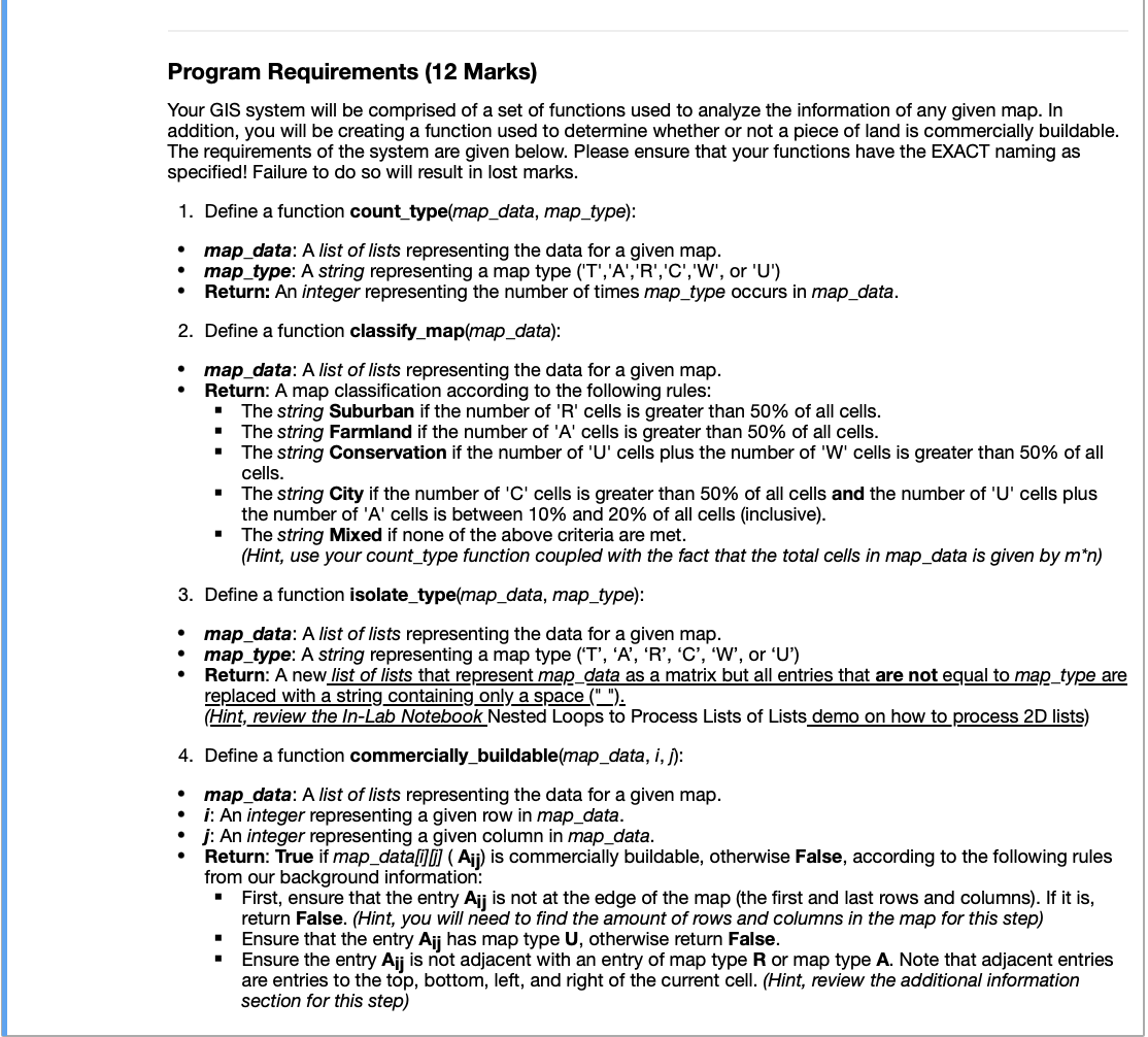  Program Requirements (12 Marks) Your GIS system will be comprised of
