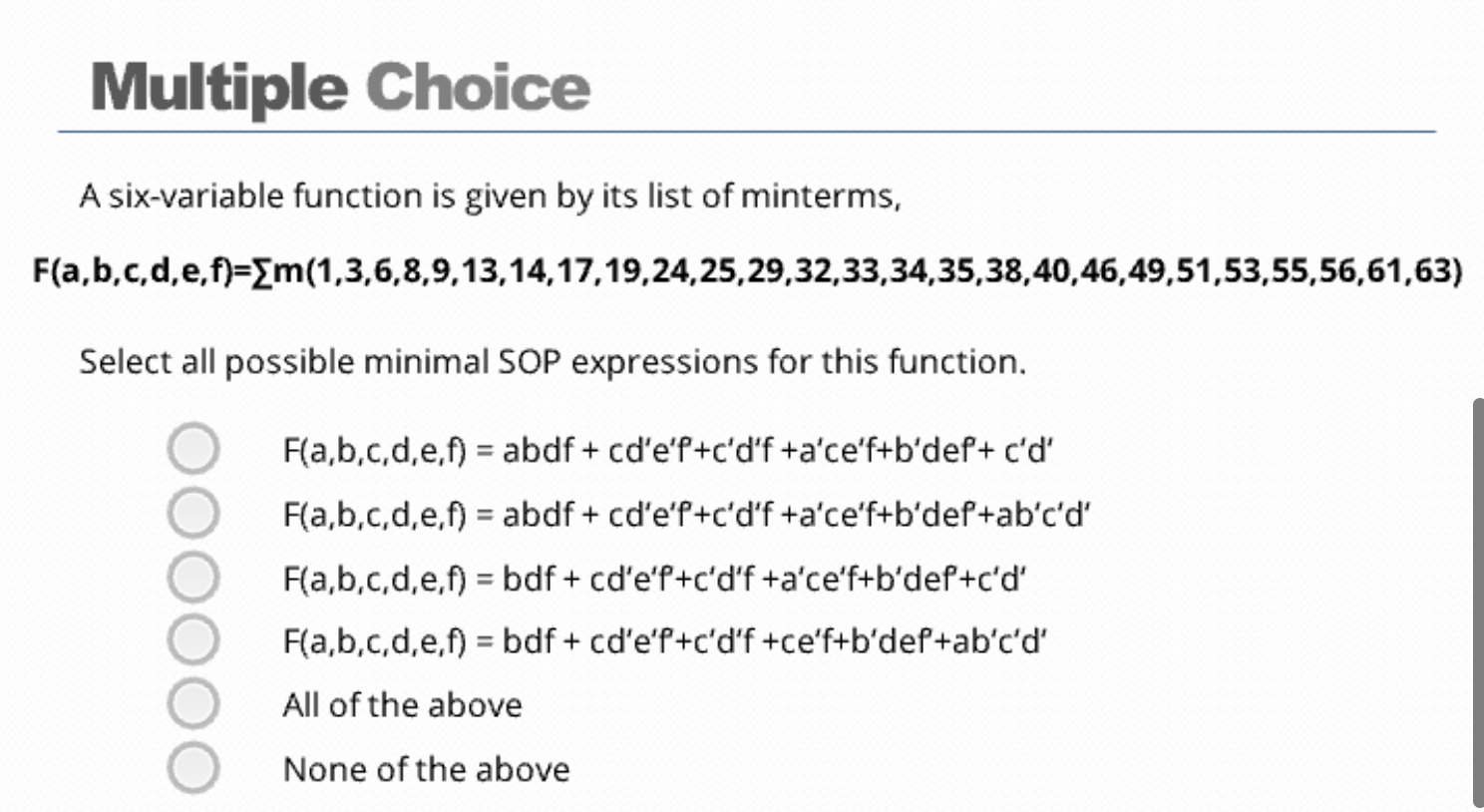  Multiple Choice A six-variable function is given by its list of