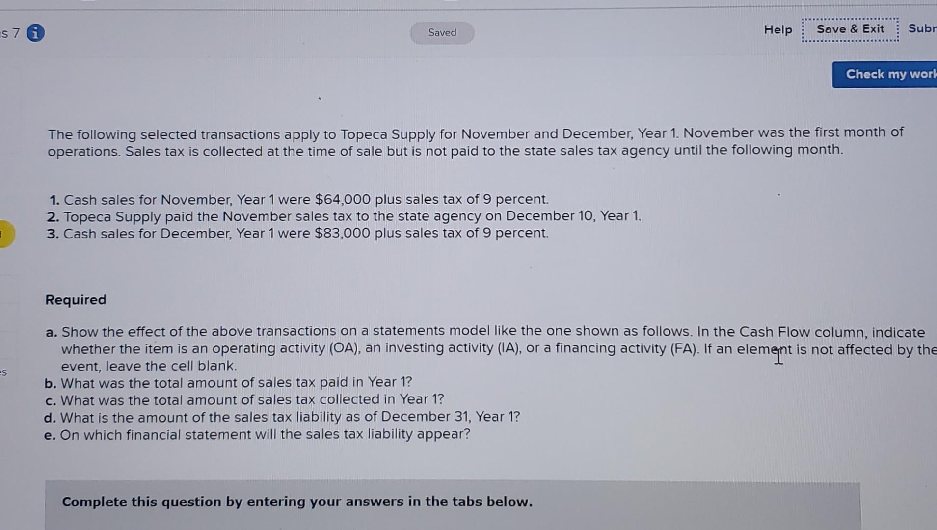 December, Year 1. November was the first month of operations. Sales tax