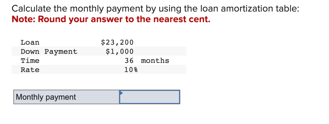Calculate the monthly payment by using the loan amortization table: Note: Round