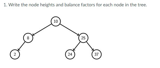 1. Write the node heights and balance factors for each node in
