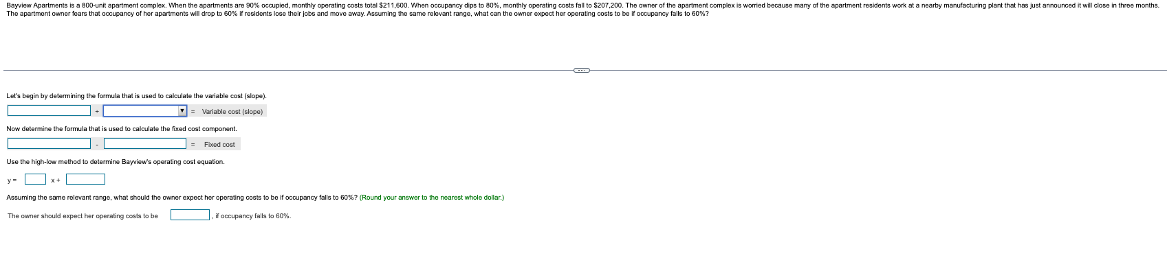 iS a apartment 91 occupied, month'y Costs total $211,600. When dips to