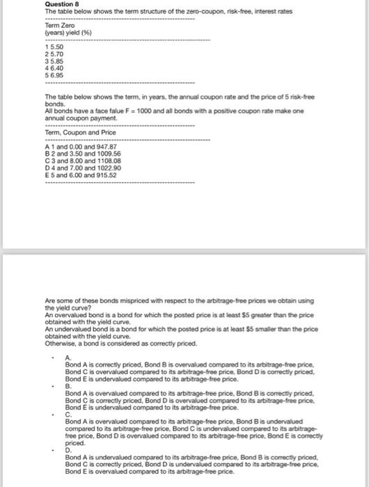  Question 8 The table below shows the term structure of the