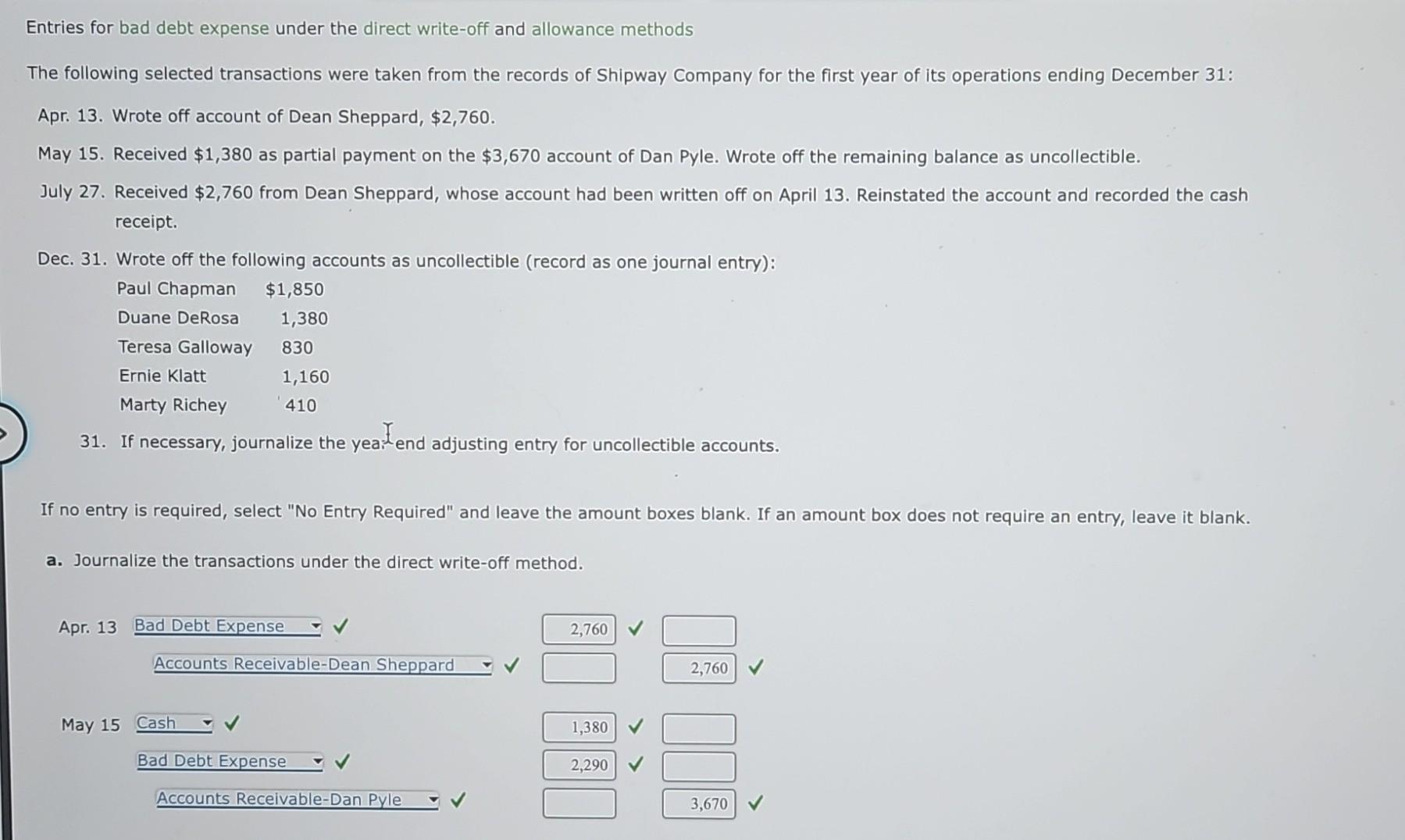 solving net income calculation for entries for bad debt expense under the
