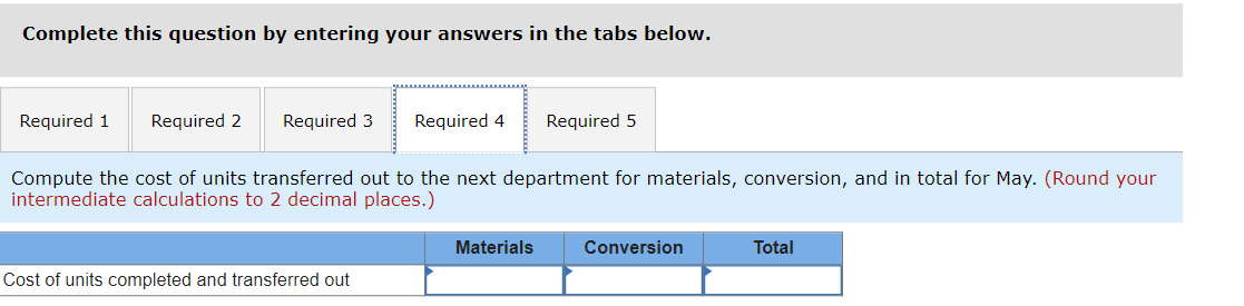 for materials and conversion for May. 2. Compute the cost per equivalent