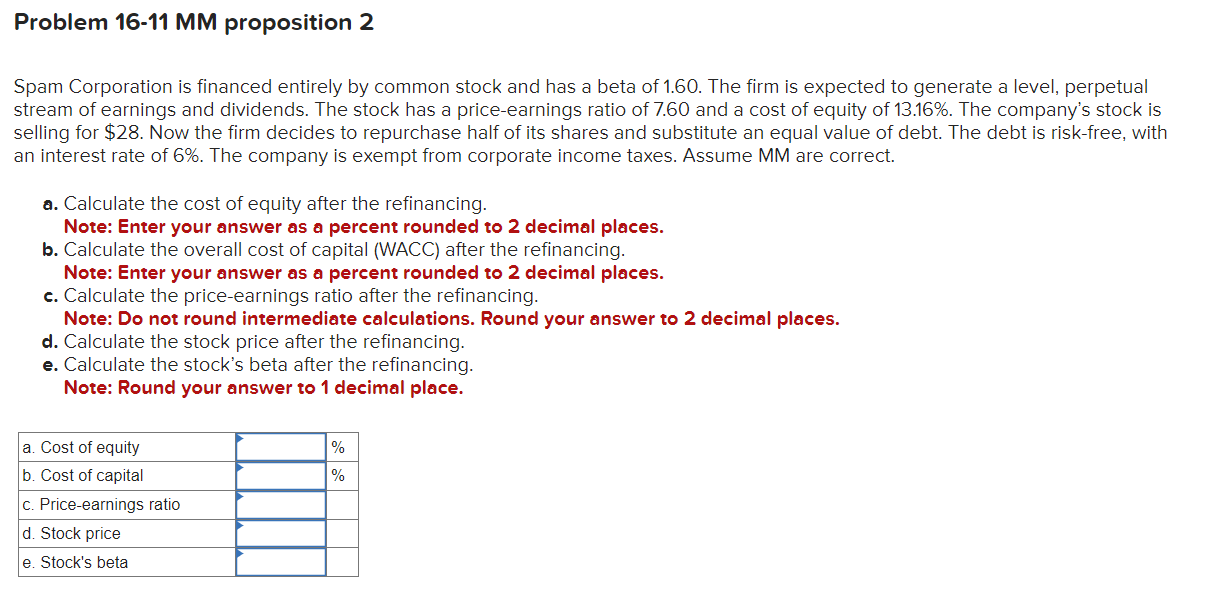  Problem 16-11 MM proposition 2 Spam Corporation is financed entirely by