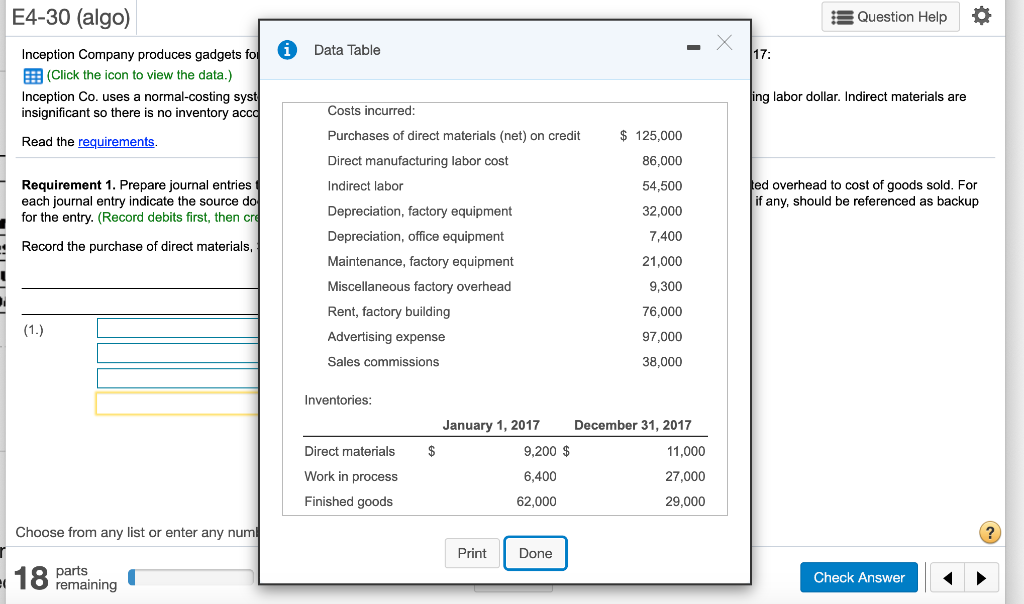 E4-30 (algo) : Question Help Data Table 17: Inception Company produces