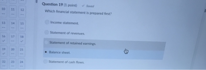  Question 19 (1 point) Saved 10 11 2 Which fnancial statement