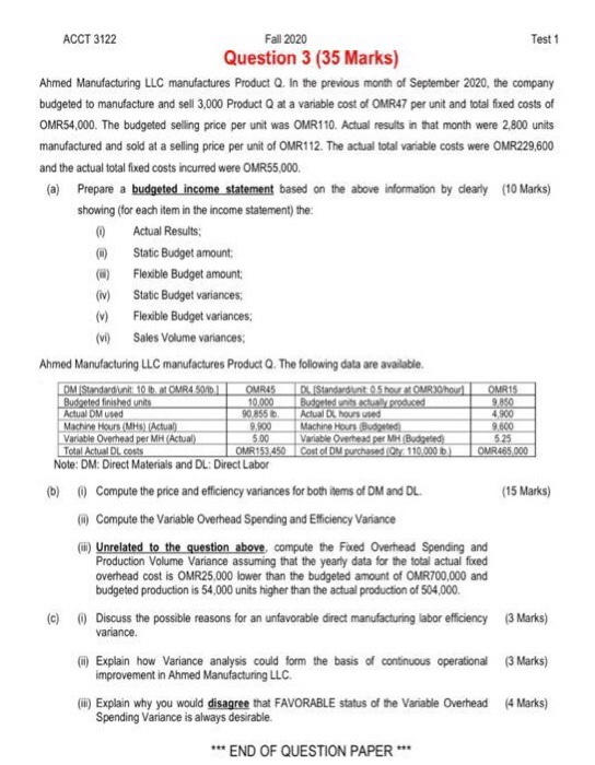  ACCT 3122 Fall 2020 Test 1 Question 3 (35 Marks) Ahmed