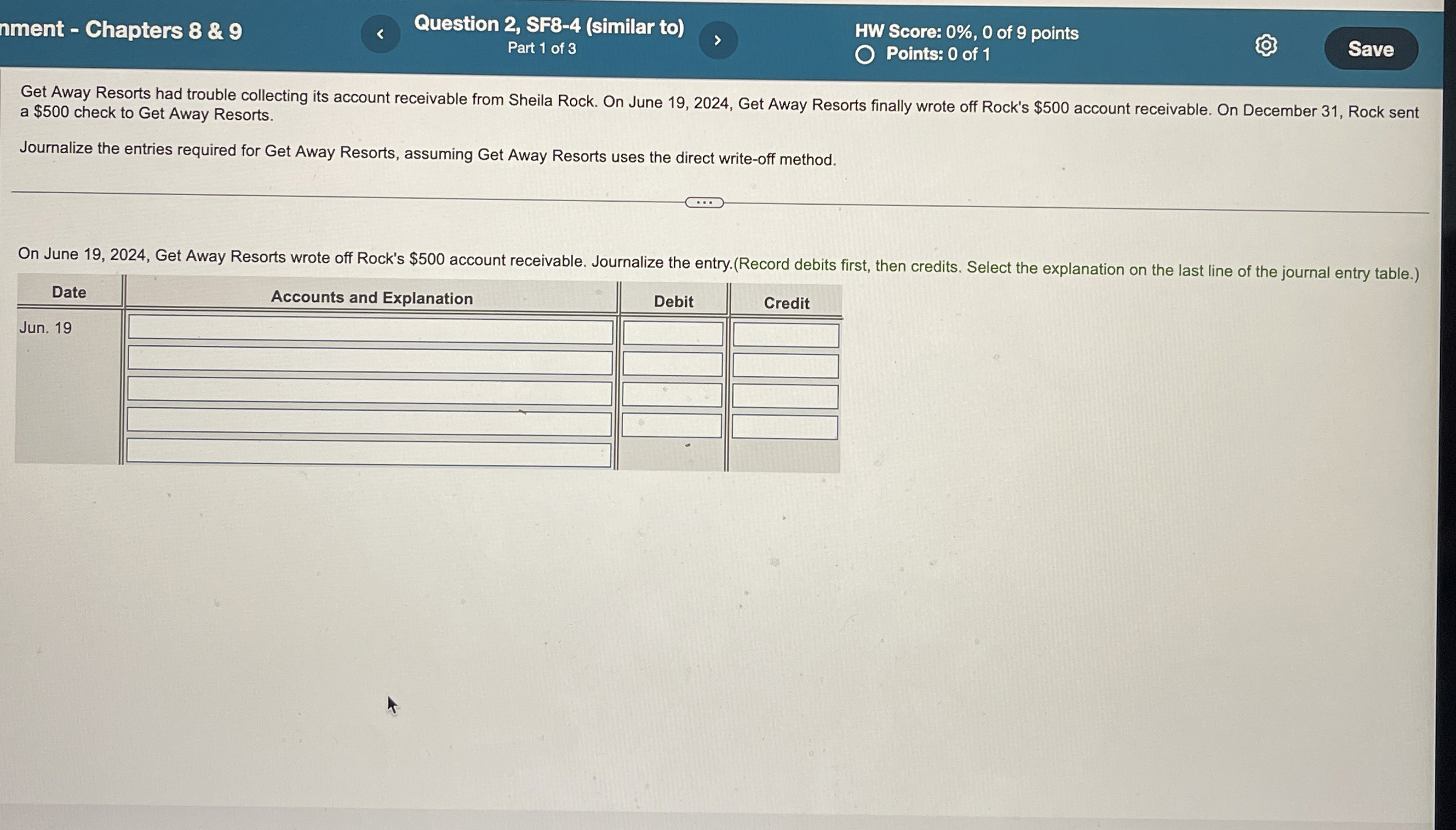  nment - Chapters 8&9 Question 2, SF8-4(similar to) HW Score: 0%,0
