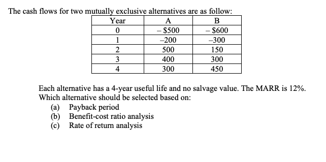 The cash flows for two mutually exclusive alternatives are as follow: