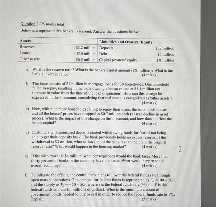  Question 2 (25 marks total) Below is a representative bank's T-account.