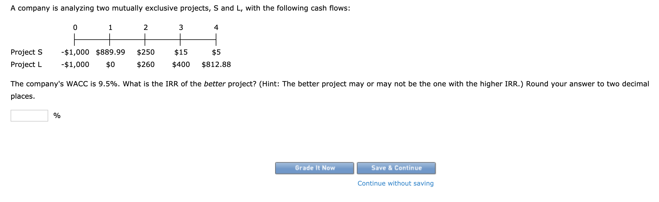 A company is analyzing two mutually exclusive projects, S and L,