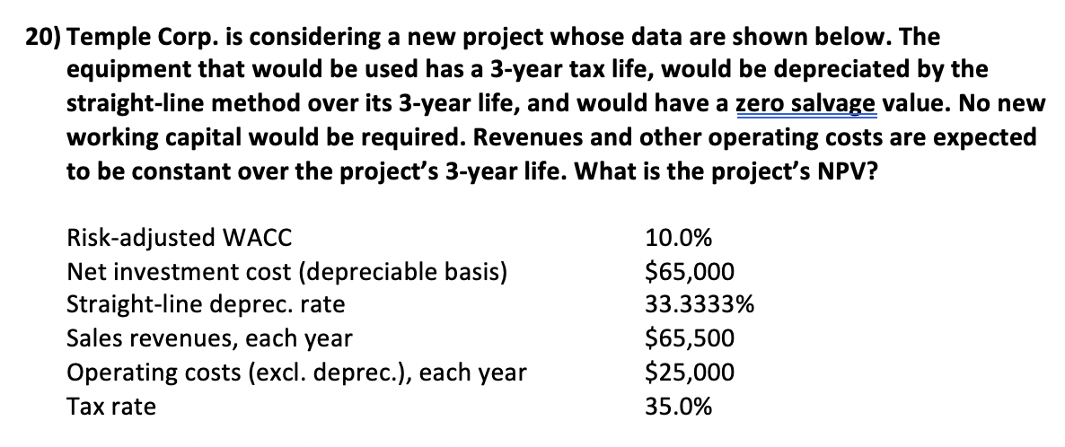  20) Temple Corp. is considering a new project whose data are