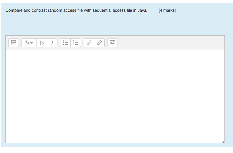 Compare and contrast random access file with sequential access file in Java.
