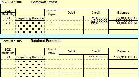 \end{tabular} Account #305 Retained Earnings \begin{tabular}{|c|c|c|c|c|c|c|} \hline \begin{tabular}{|c|} 2023 \\ Month-Day \\