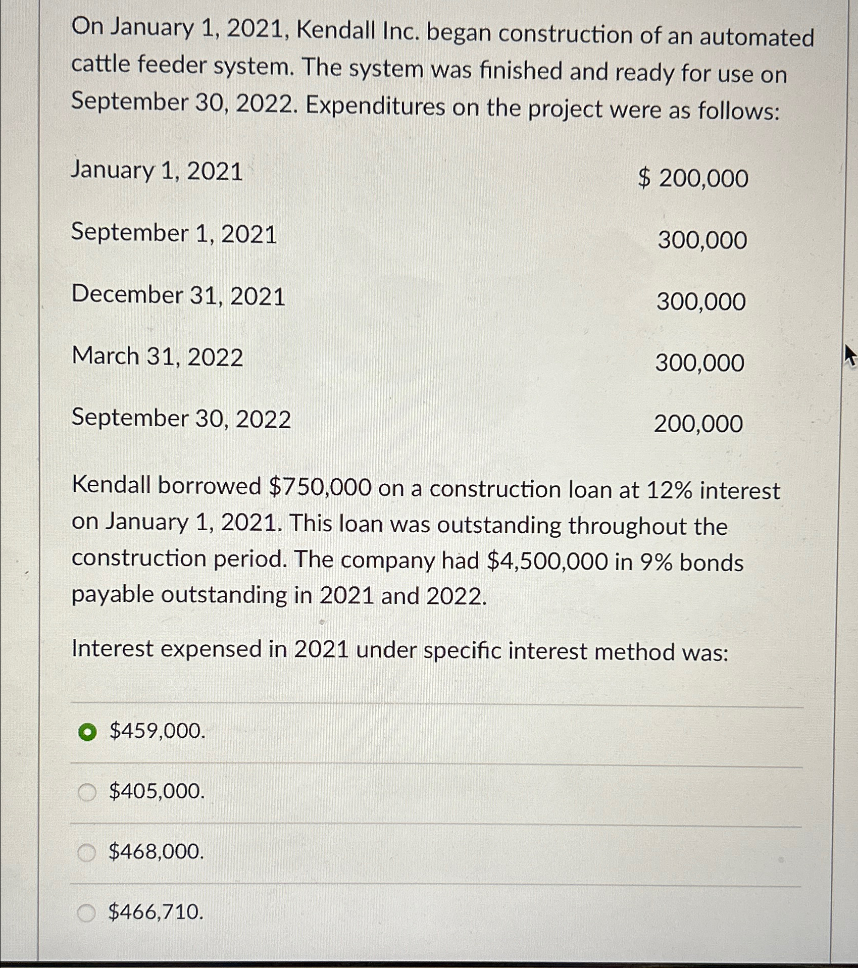  On January 1,2021, Kendall Inc. began construction of an automated cattle